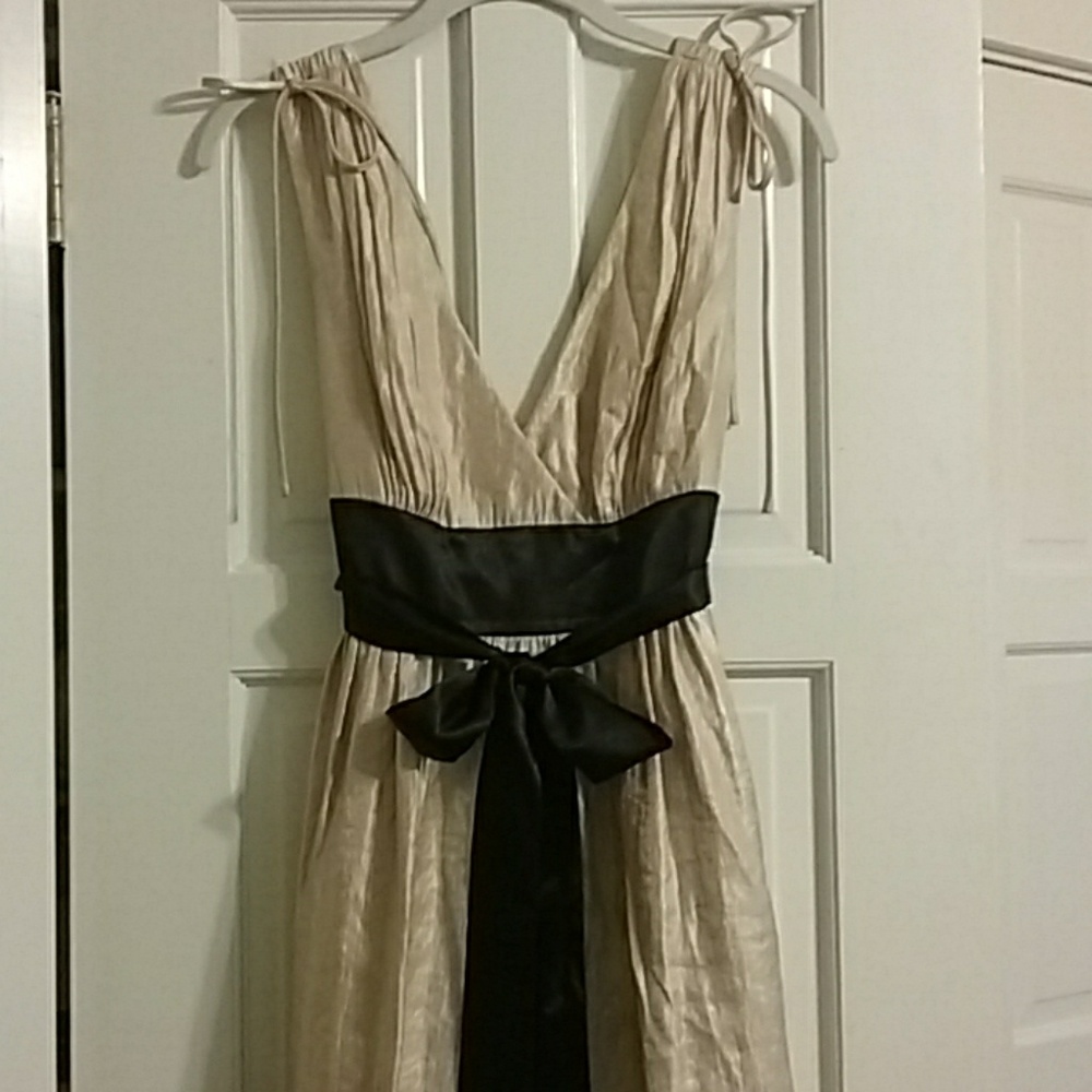 Champagne cocktail dress with black sash